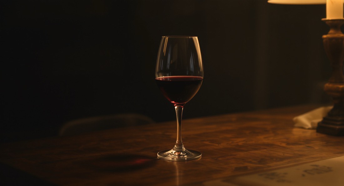 A half-finished glass of red wine on a dark table at night