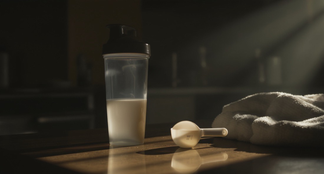 A steel shaker bottle and measuring scoop on a kitchen counter in morning light