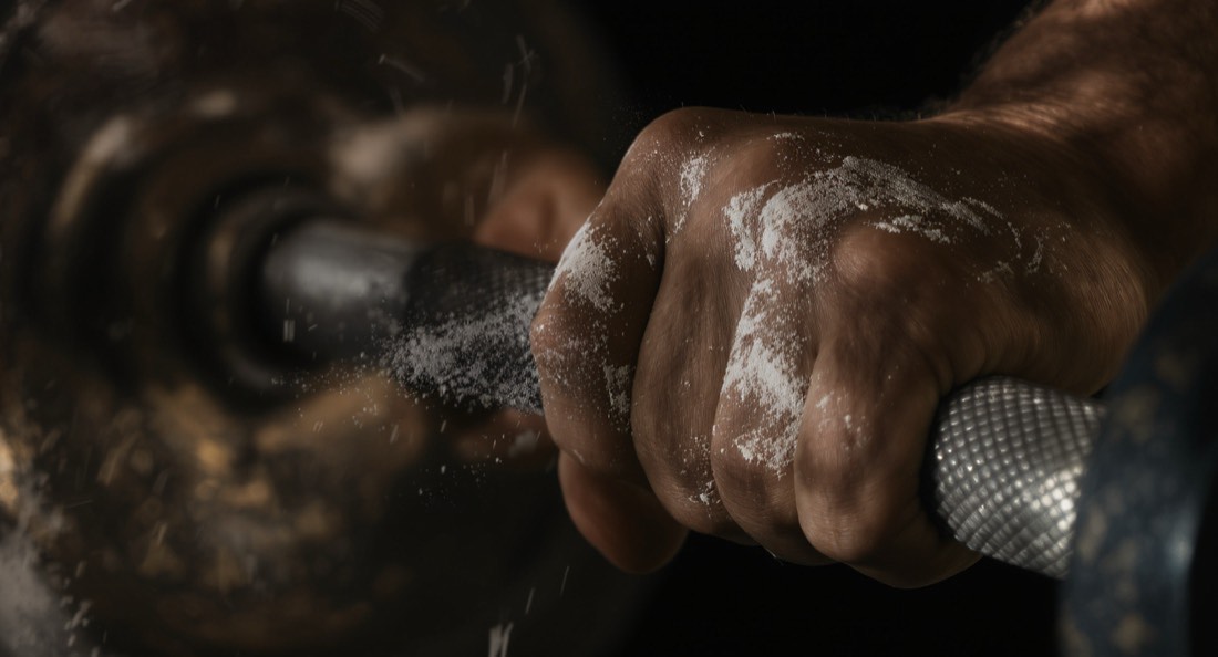 Weathered hands gripping a knurled steel barbell with chalk on the knuckles