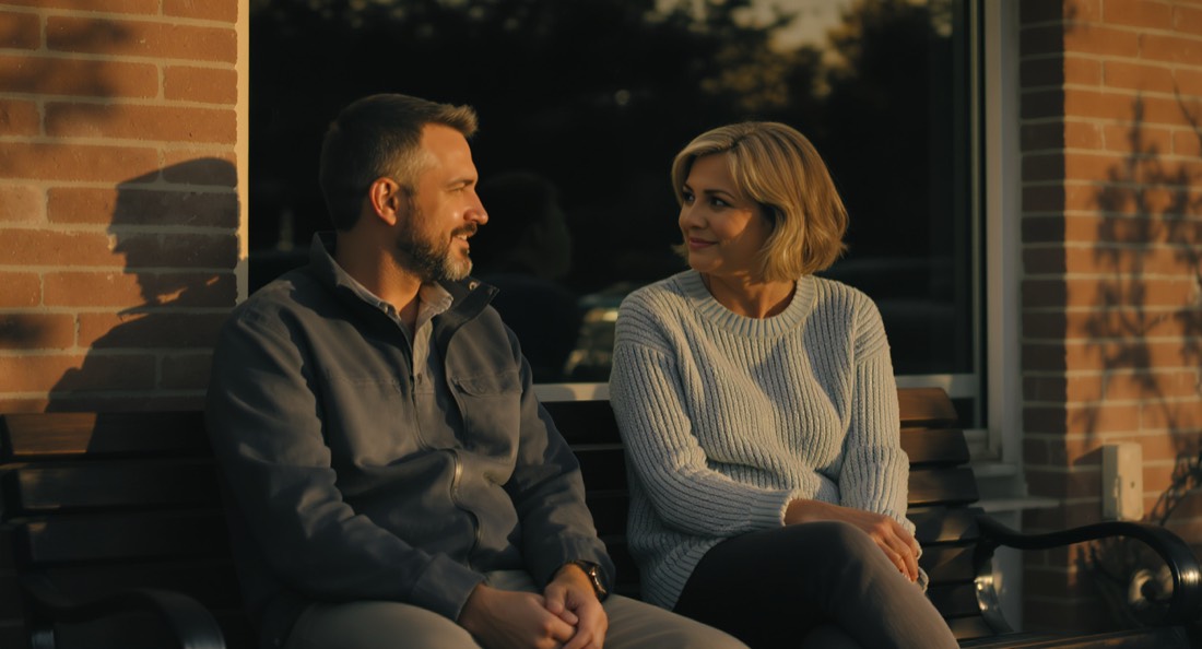 A man and a woman in their early fifties in conversation on a bench outside a clinic