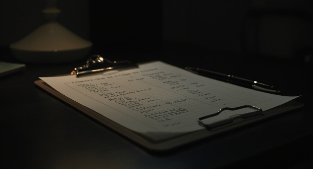 A medical clipboard, reading glasses and a pen on a dark desk