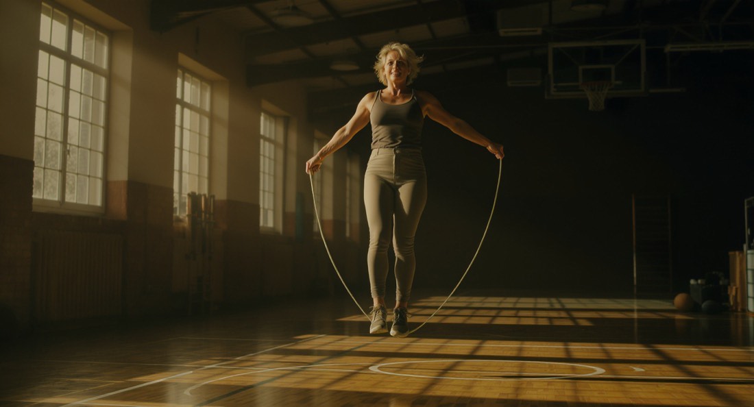 A woman in her fifties skipping rope mid-air in a bright gym