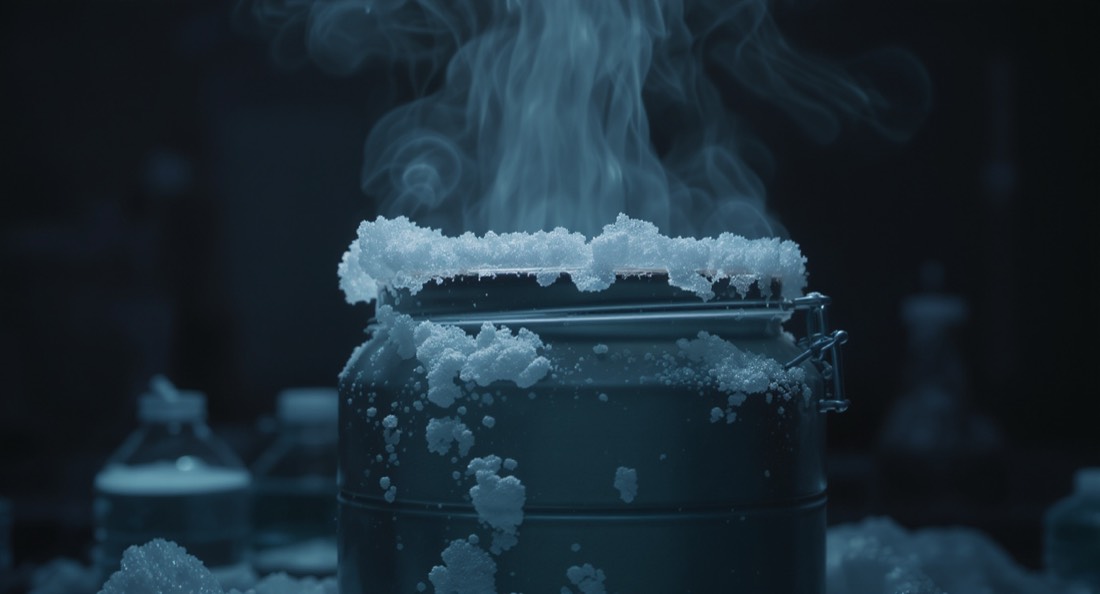 A laboratory cryogenic storage container with frost vapour in a dark lab