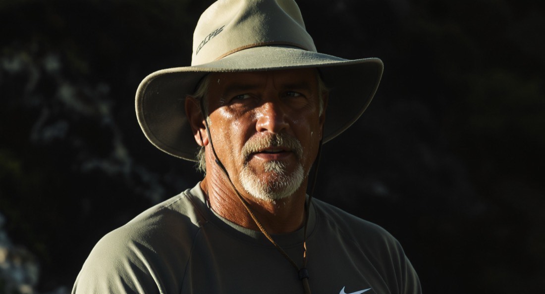 A man in a wide-brim hat and long-sleeve sun shirt training outdoors in bright Hawaiian sun
