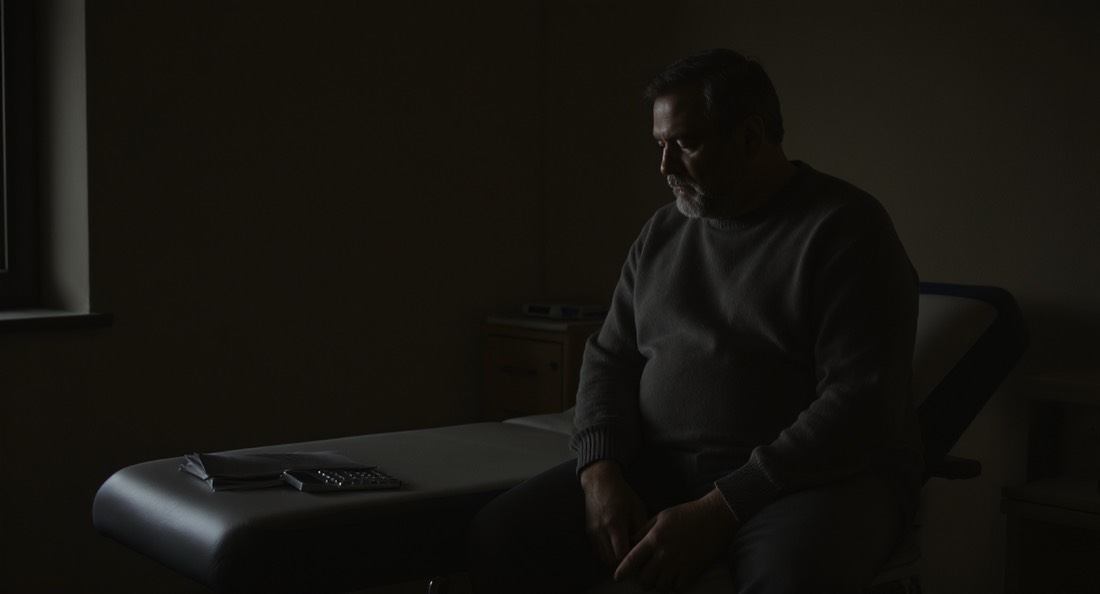 A man in his fifties sitting on the edge of an exam table in a quiet clinic room